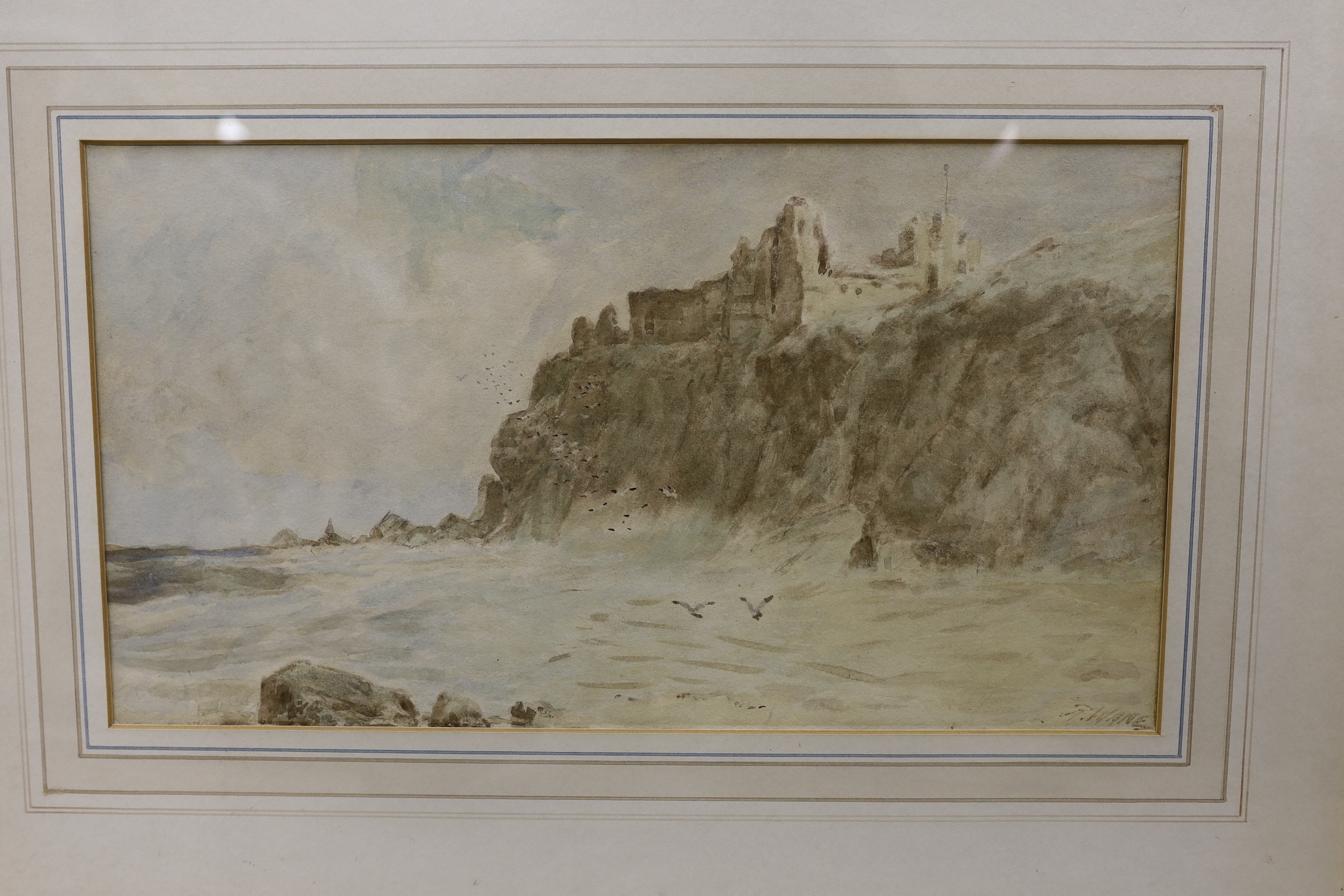 Six watercolours and prints including Frederick C. Jackson (fl.1868-1884), watercolour, 'Near Kynance Cove', attributed to Samuel Prout (1783-1852), sepia watercolour and a pen and ink sketch of an army officer, largest